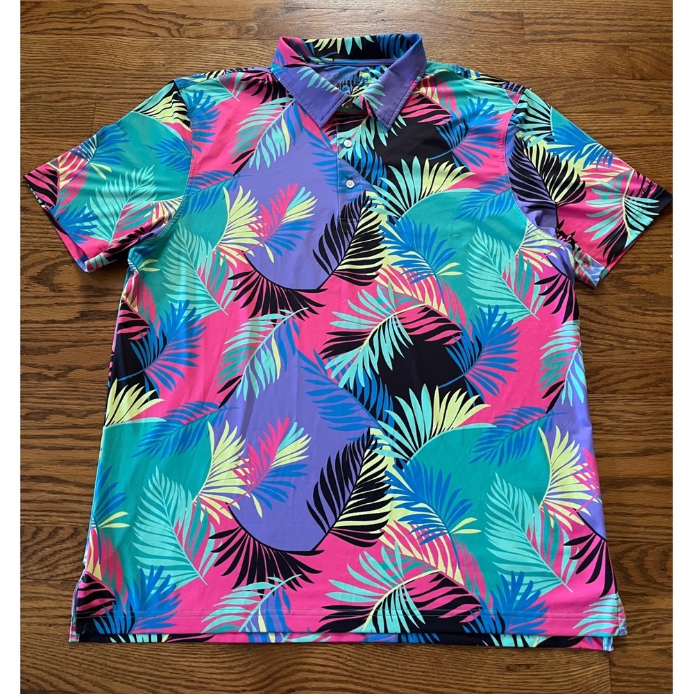 Chubbies Mens XL Tropical Palm Leaf Performance Polo Shirt Neon Pink Purple Blue